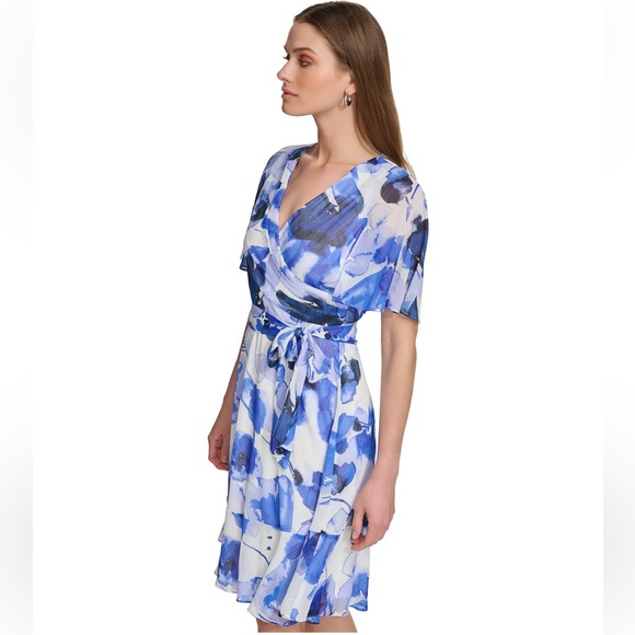 DKNY Surplice-Neck Cape-Sleeve Fit & Flare Dress- NEW - Picture 5 of 10